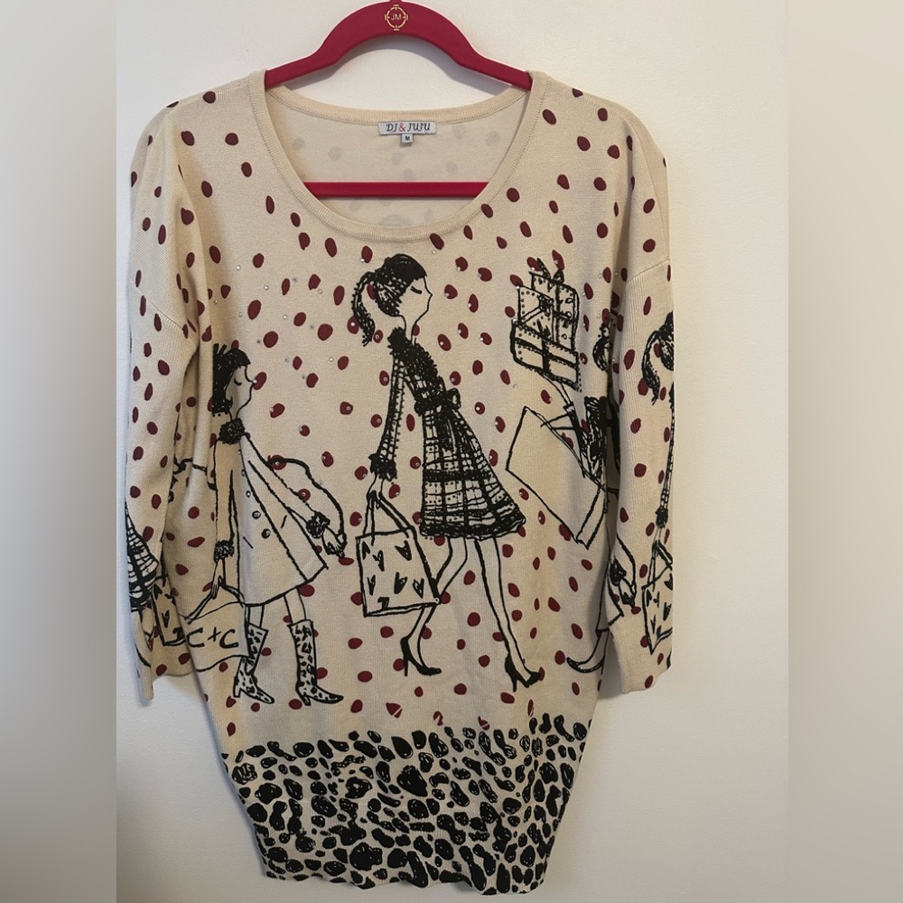 Fun sweater with red dots and women shopping!